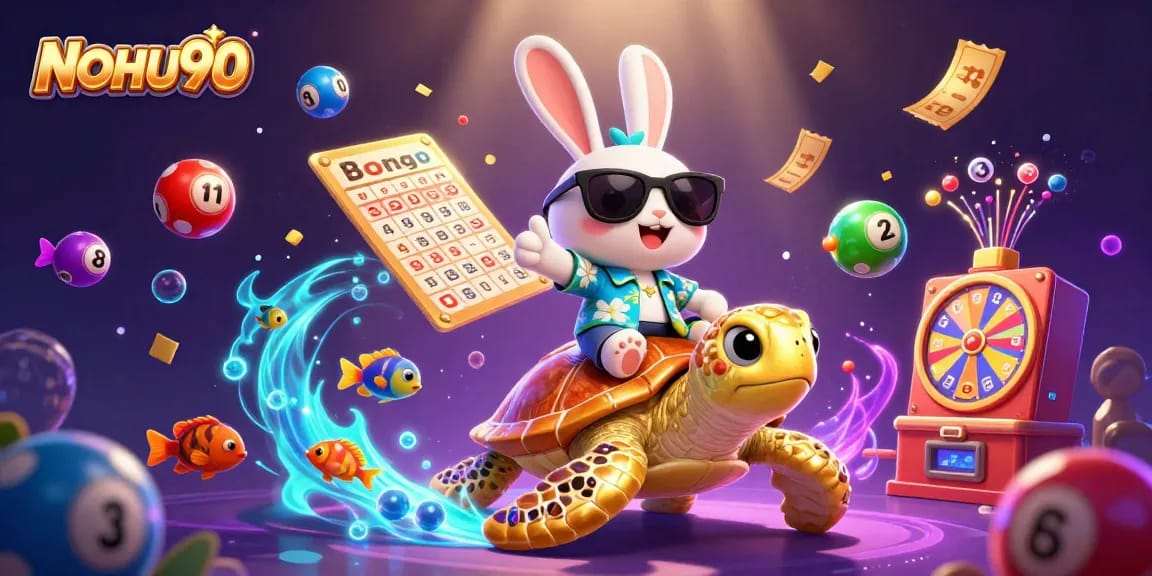 Engage with NOHU90's vibrant 3D casino illustration of a lucky rabbit and golden turtle amidst lottery excitement.