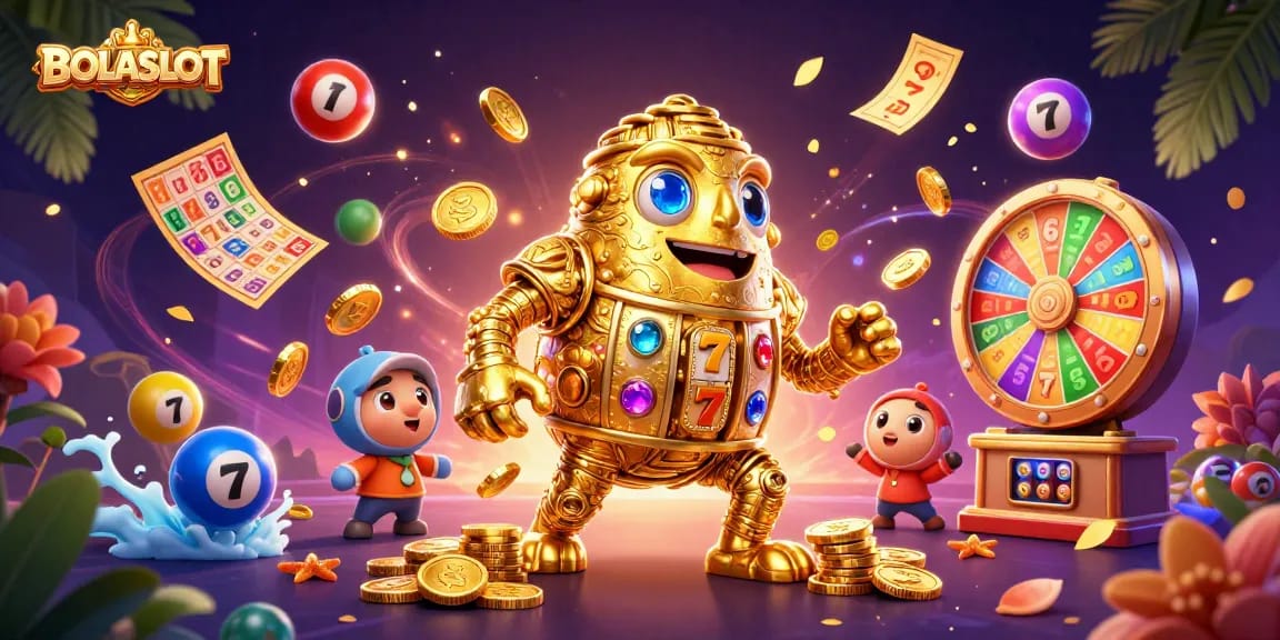 BOLASLOT features a dazzling golden golem amidst dynamic slot game elements and colorful lottery balls.