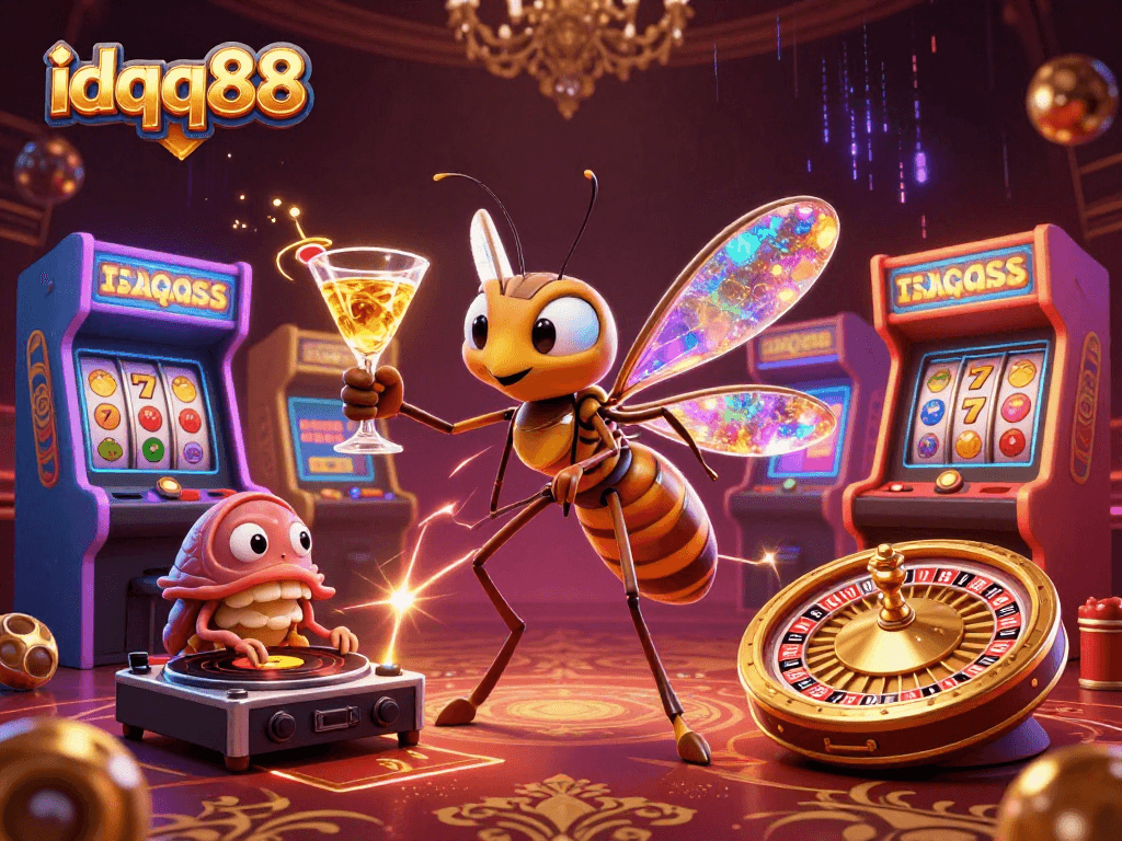Experience thrilling gaming at idqq88 with a vibrant scene of animated casino characters and iconic game elements.