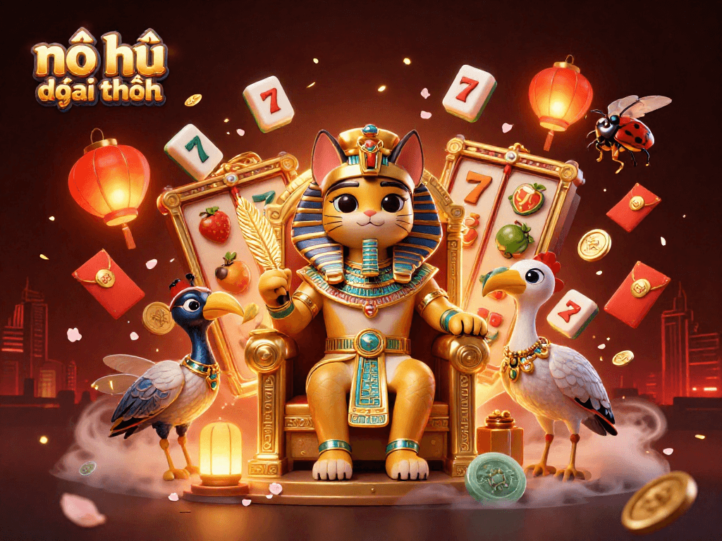 Win big in nổ hũ đổi thưởng with dynamic characters and casino elements in a vibrant illustration.