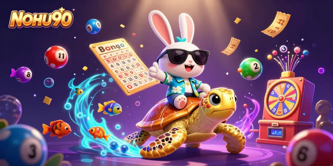 Engage with NOHU90's vibrant 3D casino illustration of a lucky rabbit and golden turtle amidst lottery excitement.