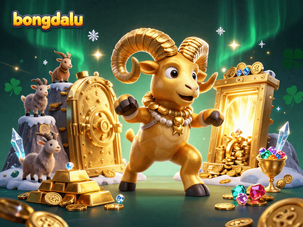 Bongdalu captivates with its vibrant illustration of a golden ram charging through riches in a dynamic gaming scene.