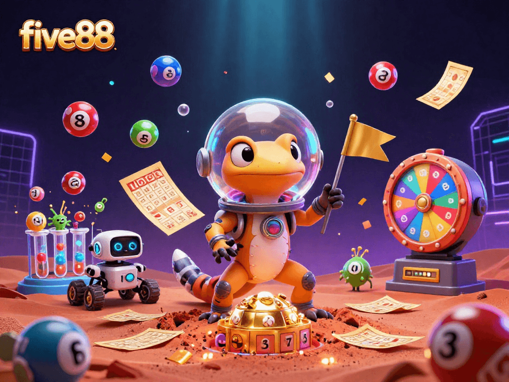 Experience exciting gaming at five88 with a Martian gecko discovering a golden casino on Mars.