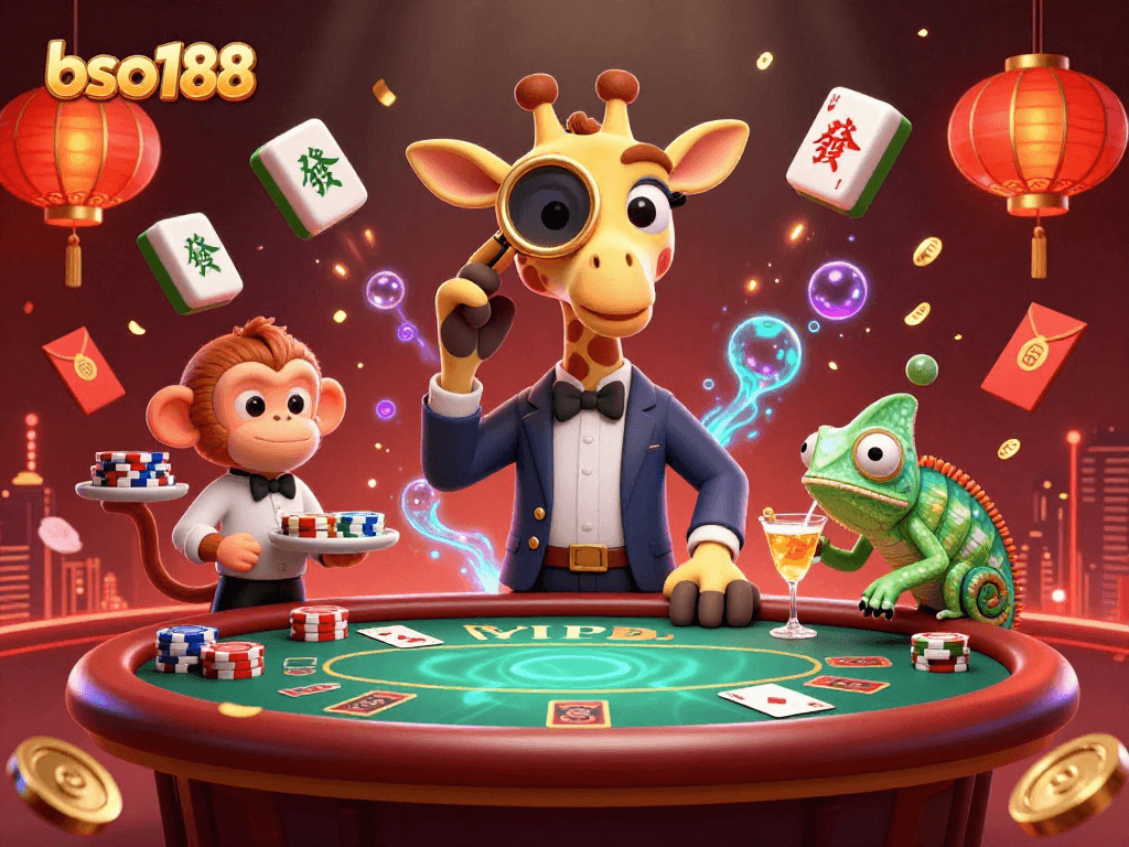 Cheerfully depicting bso188, a high-roller giraffe plays cards at a vibrant VIP poker table with glamorous elements.