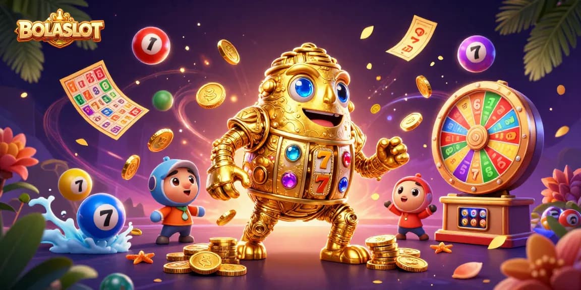BOLASLOT features a dazzling golden golem amidst dynamic slot game elements and colorful lottery balls.