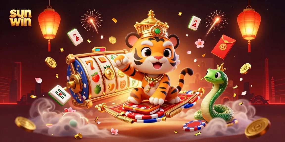 Experience thrilling wins with the sun win casino's vibrant 3D illustration featuring dynamic slots and festive elements.