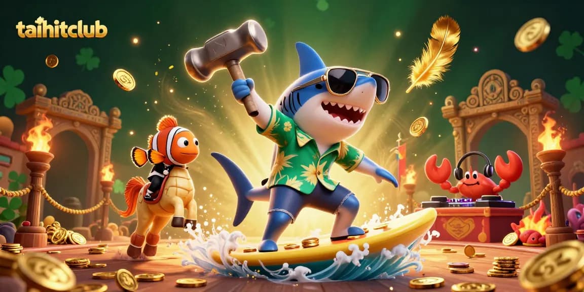 Join the thrill at taihitclub with a fun 3D cartoon scene featuring a shark and friends in a gaming adventure.