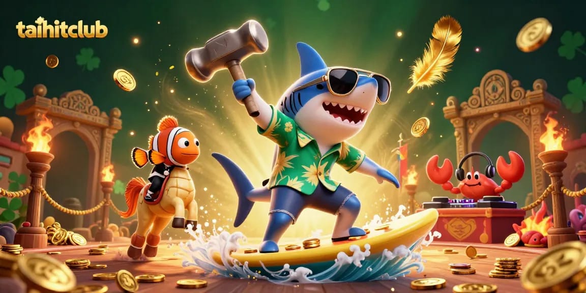Join the thrill at taihitclub with a fun 3D cartoon scene featuring a shark and friends in a gaming adventure.